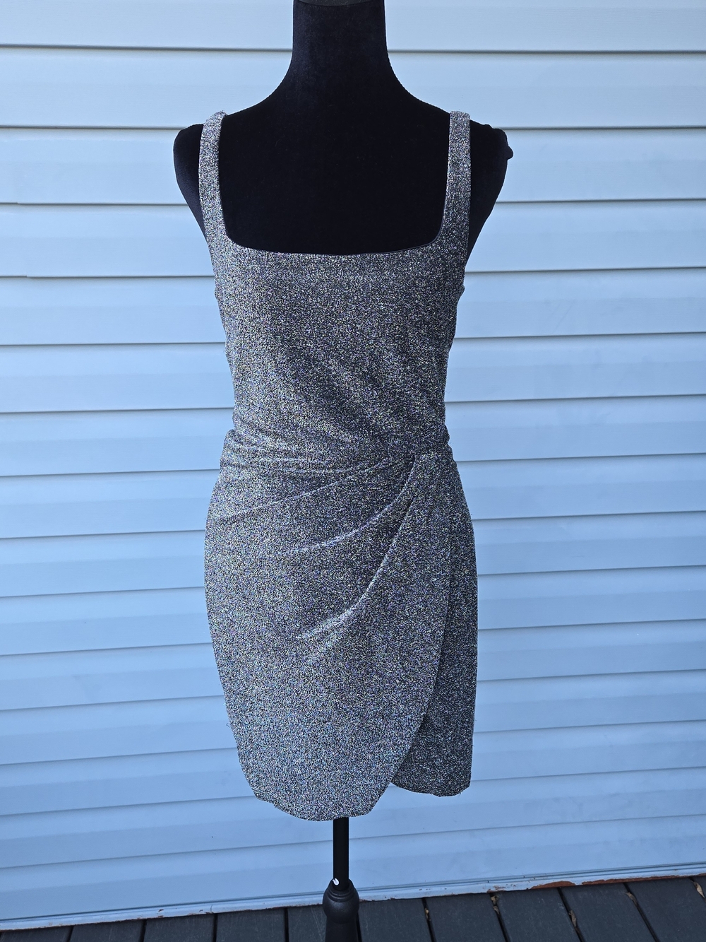 Dee Elly Silver Metallic Sparkle Ruched Tulip Bodycon Mini Dress Sz L Party